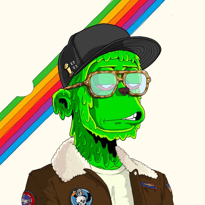 Stylized illustration of a green anthropomorphic character wearing a black cap with '22-23', tortoiseshell glasses, and a shearling bomber jacket with patches, set against a rainbow background.