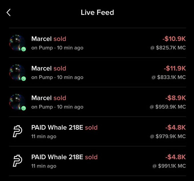 Screenshot of a 'Live Feed' showing recent crypto transactions, with users 'Marcel' and 'PAID Whale 218E' posting multiple 'sold' entries resulting in red losses like '-$10.9K' and '-$4.8K' on Pump.