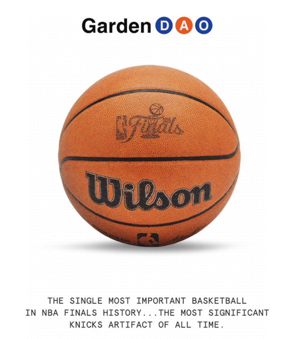 The image showcases a Wilson NBA Finals basketball from Garden DAO, marketed as "the single most important basketball in NBA Finals history" and "the most significant Knicks artifact of all time." The post "Ball is in your court, Solana" ties into the image by using the basketball metaphor to challenge Solana, with Garden DAO positioning itself as a top-tier collector's item worth pursuing.