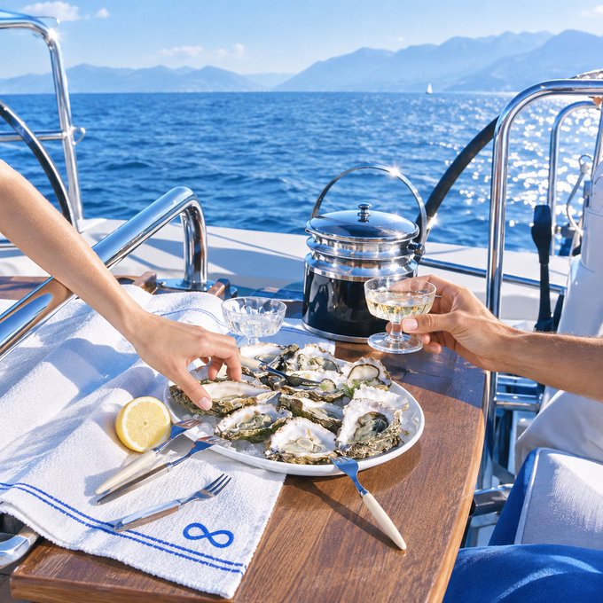 Two people clink glasses of white wine over a platter of freshly shucked oysters aboard a sailboat, with the polished wooden table set for an elegant seaside meal complete with a lemon wedge, cutlery, and a stainless steel ice bucket, all framed against a backdrop of sparkling blue Mediterranean waters and distant mountains under a clear sky. A blue-striped linen napkin embroidered with the number "8" and a blue knotted towel reinforce the brand identity, visually echoing the post's invitation to spend the weekend on the open sea with elegant coastal dining.