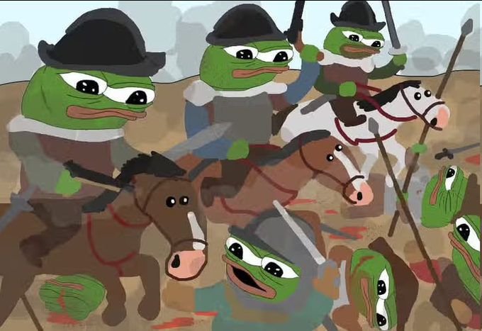 A crude digital drawing depicts Pepe the Frog characters dressed as conquistadors on horseback wielding swords against other frog figures.