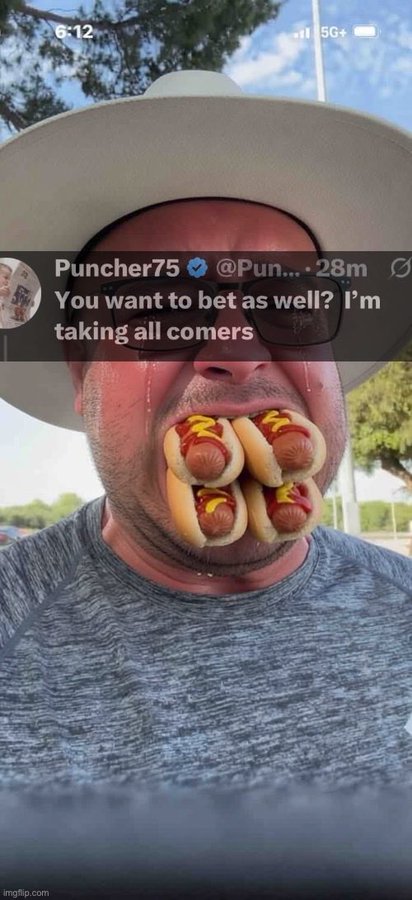 A man in a white cowboy hat stuffs four hot dogs in his mouth, with a tweet overlay from "Puncher75 @Pun... 28m" reading "You want to bet as well? I'm taking all comers," serving as "Exhibit A" of a spammy user on a monetary protocol.