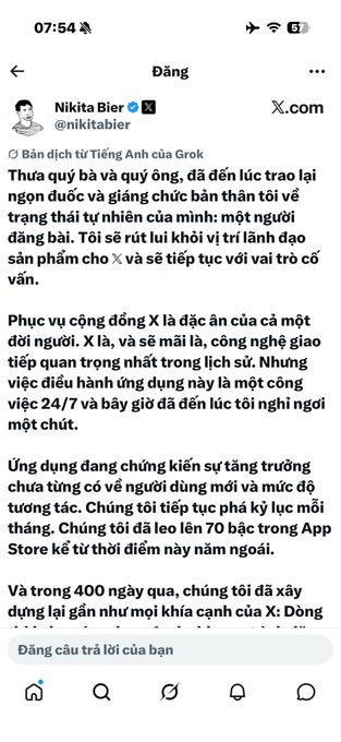 A Vietnamese social media post by Nikita Bier (@nikitabier) on X.com dated 07:54, discussing the return of Grok and improvements to X's product with 70 bugs fixed and renewed user growth.