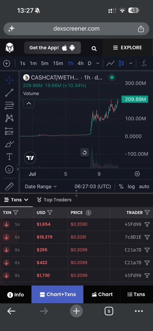 A smartphone screen displaying the dexscreener.com website, showing a 1-hour price and volume chart for the CASHCAT/WETH trading pair with a current price of $0.2000.
