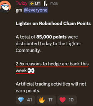 A Telegram message from user "Twixy" announcing that 85,000 points were distributed to the Lighter Community on Robinhood Chain, noting that 2.5x reasons to hedge are back this week and artificial trading activities will not earn points.