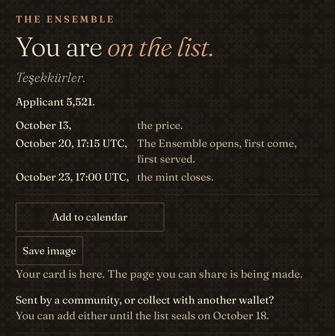 A confirmation page from 'THE ENSEMBLE' NFT project stating 'You are on the list,' showing the applicant as 5,521 with mint dates: October 13 (price reveal), October 20 17:15 UTC (opening), and October 23 17:00 UTC (closing).