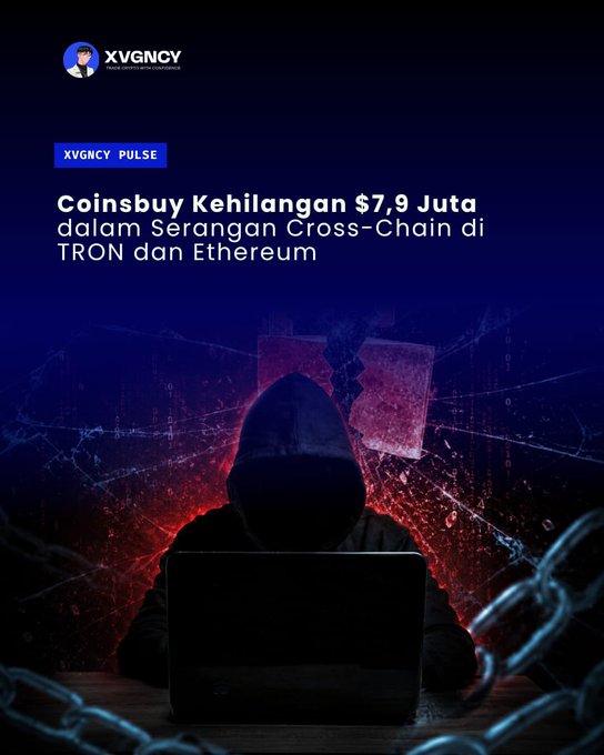 The image is a dark, dramatic graphic for "XVGNCY PULSE" featuring a hooded hacker silhouette working on a laptop, overlaid with shattered glass effects, broken chains, and digital network lines, illustrating a cryptocurrency security breach. The headline reads "Coinsbuy Kehilangan $7,9 Juta dalam Serangan Cross-Chain di TRON dan Ethereum," translating to a $7.9 million cross-chain attack on the Coinsbuy exchange. The menacing hacker imagery directly visually reinforces the article's theme of the crypto exchange hack and subsequent fund laundering.