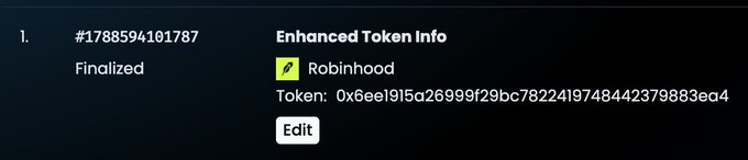 An enhanced token information panel for a finalized entry (#1788594101787) on Robinhood, displaying the token contract address 0x6ee1915a26999f129bc7822419748442379883ea4.