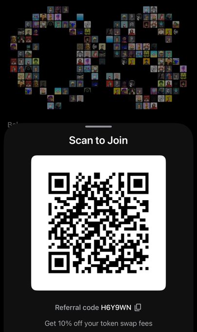 A dark promotional screen says “Scan to Join” above a large QR code, with “Referral code H6Y9WN” and “Get 10% off your token swap fees” below.