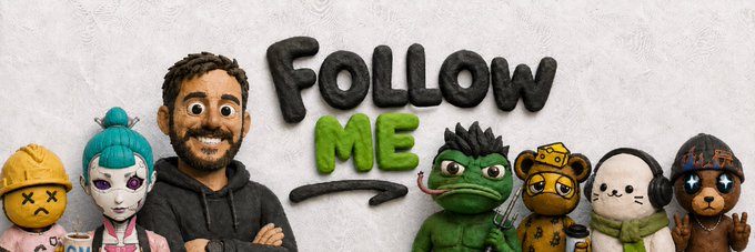 A banner reading 'FOLLOW ME' featuring a bearded man alongside several colorful cartoon-style characters including a frog, teddy bear, and other stylized figures.