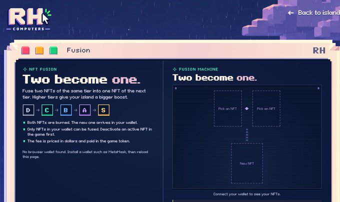 A pixel-art styled "Fusion" interface from the RH Computers project displays an NFT fusion mechanic where two tier D NFTs fuse into a higher tier (D+C → A+S), highlighting the upcoming October 15 NFT mint and fusion feature referenced in the post.