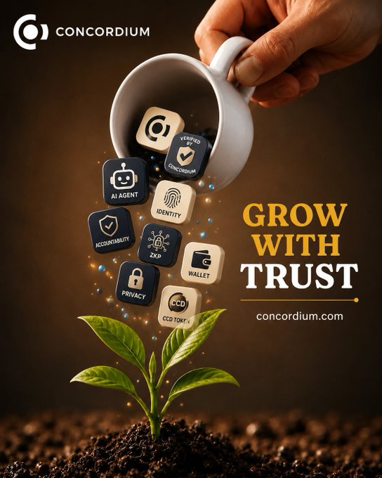An advertisement for 'CONCORDIUM' with the text 'GROW WITH TRUST' and concordium.com, depicting app icons like 'AI AGENT' and 'WALLET' pouring from a coffee cup onto a growing plant.