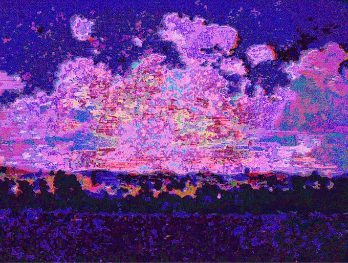 A heavily pixelated or glitch-art landscape painting depicting a dramatic sky with pink and purple clouds over a dark, undulating terrain.
