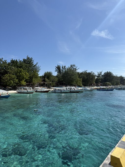 A scenic photo of turquoise waters near a shoreline lined with trees, where several traditional outrigger boats are docked at a sandy beach under a blue sky with wispy clouds.