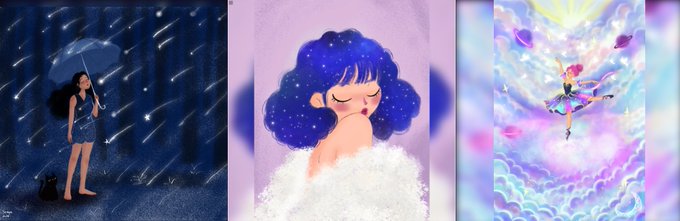 Three AI-generated artistic illustrations of girls in dreamy, magical settings: one with an umbrella in a starry rainstorm with a black cat, one with blue starry hair surrounded by clouds, and one dancing/floating in a colorful cosmic cloud scene.