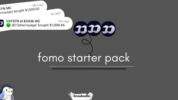 A gray graphic titled "fomo starter pack" features the meme "mmm" (Mr. Money Mustache) balloons and the username "brookcalls," alongside notification alerts showing purchases of "1k MC" and "CATSTR at $243k" by user "C1phervoyager." The image humorously visualizes the post's satirical guide to FOMO crypto trading, depicting the instant notifications of someone aping into memecoins without thinking.