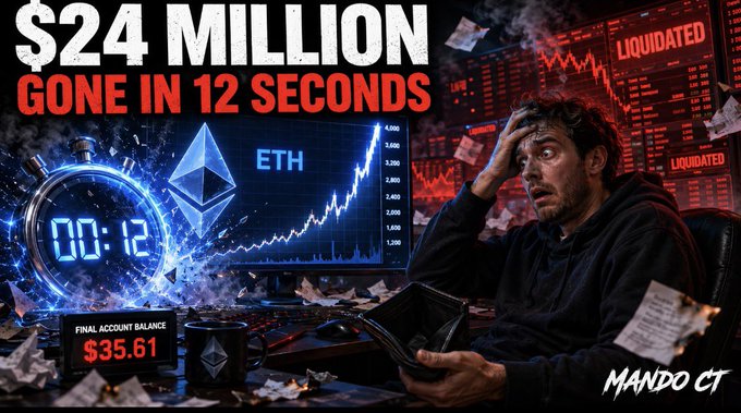 A distressed trader sits before a laptop showing an ETH liquidation, with prominent "$24 MILLION GONE IN 12 SECONDS" text, an "ETH" price chart, a stopwatch reading "00:12," a "$35.61" final balance, and "LIQUIDATED" red panels reinforcing the post's narrative of a rapid $24M loss despite a prior $49M crypto shorting gain.