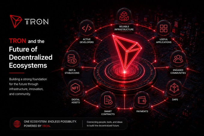 A promotional graphic titled 'TRON and the Future of Decentralized Ecosystems' showing a circular diagram connecting various blockchain concepts like DeFi, NFTs, Smart Contracts, and DApps around the central TRON logo.