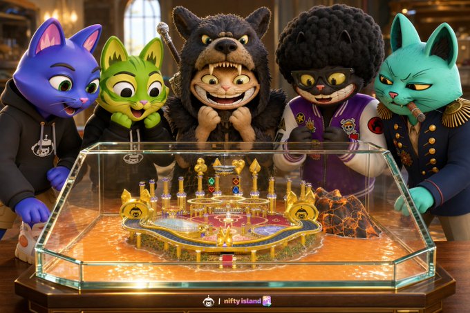 3D rendered image of five anthropomorphic animal characters (cats and a wolf) gathered around a glass display case containing a golden miniature city/arena, branded with 'nifty island'.