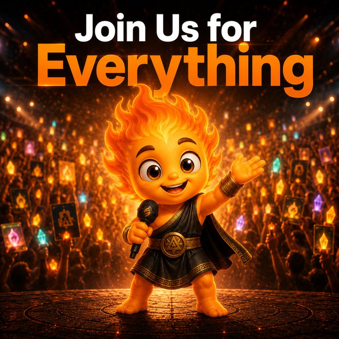 A 3D animated fire-headed cartoon character wearing a black toga holds a microphone and waves, with 'Join Us for Everything' text displayed above against a backdrop of an arena crowd holding glowing symbols.