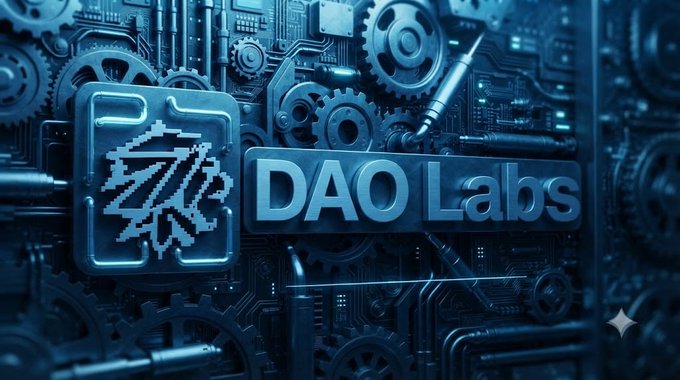 A 3D-rendered metallic logo reading 'DAO Labs' surrounded by mechanical gears, circuits, and a blue color scheme.