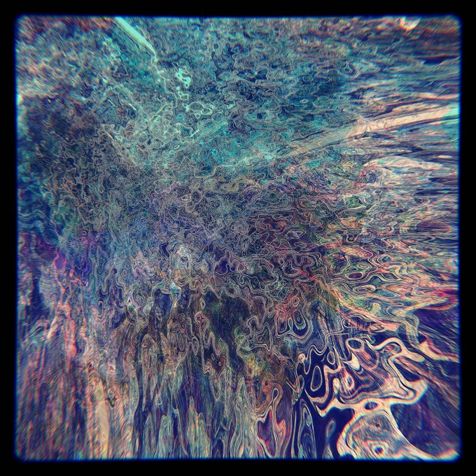 An abstract digital artwork displays swirling, psychedelic patterns in blues, teals, purples, and pinks with a distorted, liquid-like texture.