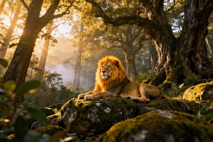 A majestic lion rests on a moss-covered rock in a sunlit forest, with warm golden light filtering through the trees and mist in the background.
