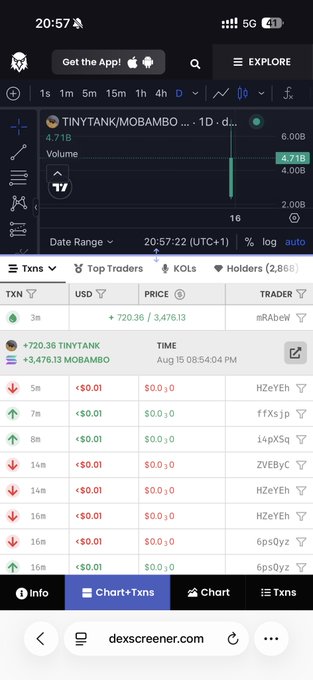 A Dexscreener app screenshot showing the TINYTANK/MOBAMBO trading pair with a volume of 4.71B, price of 3,476.13, and various recent transactions.