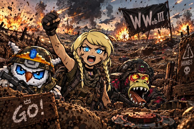 An animated war scene with a blonde female soldier raising her fist alongside an owl soldier and a monstrous creature, with a "Web3" flag and "MINES" warning sign in a battlefield setting.