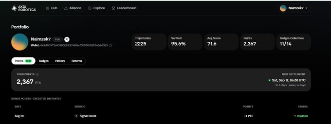 An Axie Robotics portfolio dashboard for user "Naimzek7" showing 2225 trajectories, 95.6% verified rate, 71.6 average score, 2,367 points, and 11/14 badges collected, with 2,367 PTS and next settlement on Sep 12, 06:00 UTC.