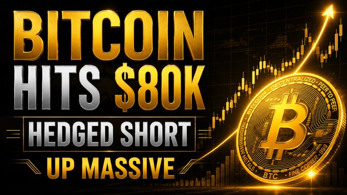 The image is a bold YouTube thumbnail featuring gold and silver text that reads "BITCOIN HITS $80K, HEDGED SHORT, UP MASSIVE," alongside a rising chart and a glowing Bitcoin coin, suggesting the video delivers a market update on BTC's milestone price surge. It aligns with the post by teasing a timely 10-minute recap covering the $80K breakout and a hedged short strategy, likely catering to the creator's audience despite their recent travel.