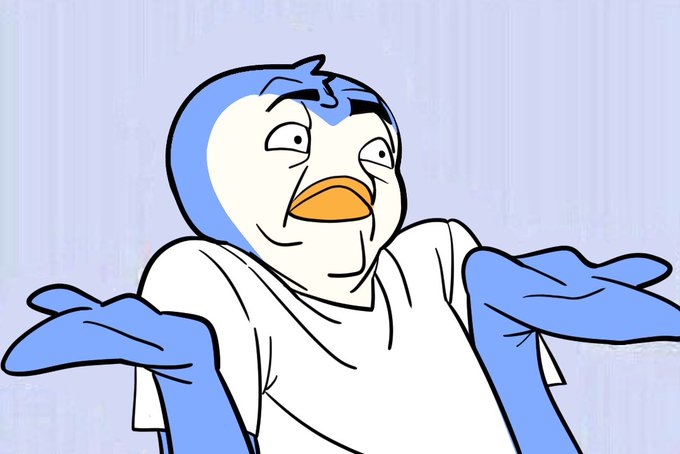 Cartoon image of a blue and white penguin-like character with a wide-eyed expression, holding its hands out to the sides in a shrugging gesture.