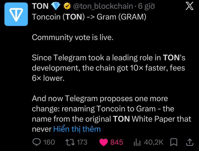 The image shows a Twitter post with text written in Vietnamese, discussing the development of TON Coin (TON) and its relation to the name change from TON White Paper to TON native token cái tên từ TON sẽ được đổi từ năm 2018. Một vài điểm đáng chú ý: • Không cần thực hiện". The post is about the development of TON Coin and its relation to the name change from TON White Paper to TON native token.
