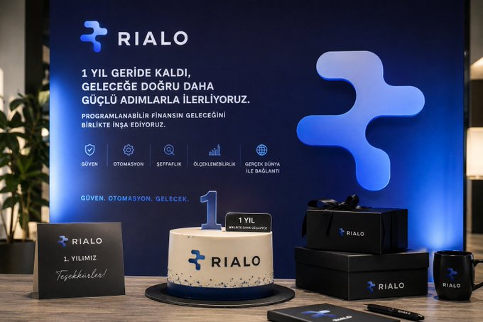 A promotional image for 'RIALO' celebrating its first anniversary with a cake, branded merchandise (mug, gift box, notebook), and Turkish text announcing their vision for the future of programmable finance.