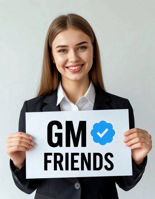 Smiling young woman in a business suit holding a sign that reads 'GM ☑ FRIENDS'.