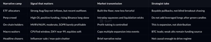 A dark-themed table titled with columns 'Narrative camp', 'Signal that matters', 'Market transmission', and 'Strategist take', listing groups like 'ETF allocators', 'Perp crowd', 'On-chain holders', 'Macro waiters', and 'Headline chasers' alongside their respective market analyses.