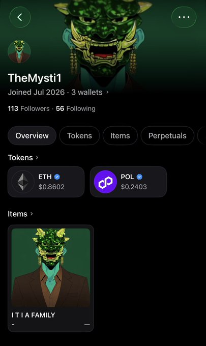 A crypto profile screen for 'TheMysti1' (joined Jul 2026, 113 Followers, 56 Following) showing token holdings including ETH ($0.8602) and POL ($0.2403), with a green dragon NFT item labeled 'IT I A FAMILY'.