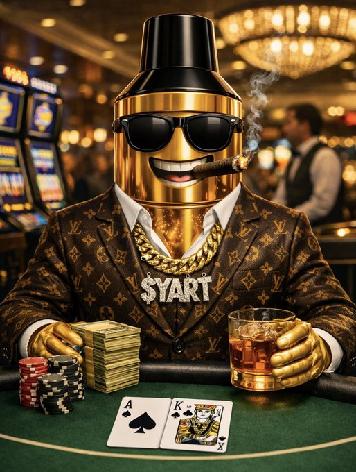 An AI-generated image of a gold cylindrical figure wearing sunglasses, a Louis Vuitton-patterned suit, and a 'SYART' chain, sitting at a casino table with cards, chips, cash, and a glass of whiskey while smoking a cigar.