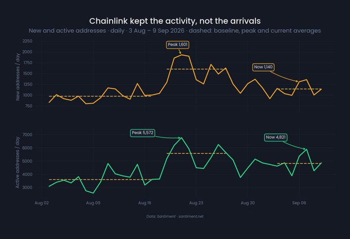 A dark-themed dual-panel line chart titled "Chainlink kept the activity, not the arrivals" tracks daily new and active addresses from August 3 to September 9, 2026, showing new addresses (orange line) peaking at 1,601 and currently at 1,140, while active addresses (green line) peaked at 5,572 and now sit at 4,821, with dashed baseline, peak, and current average reference lines. The chart visualizes the post's claim that while Chainlink's late-August surge in new wallet creation has largely faded, sustained engagement among active addresses remained closer to its peak.