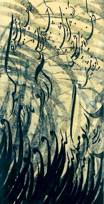 The image features a painting with a black and white color scheme, depicting a scene of people standing near each other. The artwork has an abstract style that includes lines and shapes, giving it a unique and artistic appearance. The painting is displayed on a brown background, which contrasts nicely with the black elements in the piece.