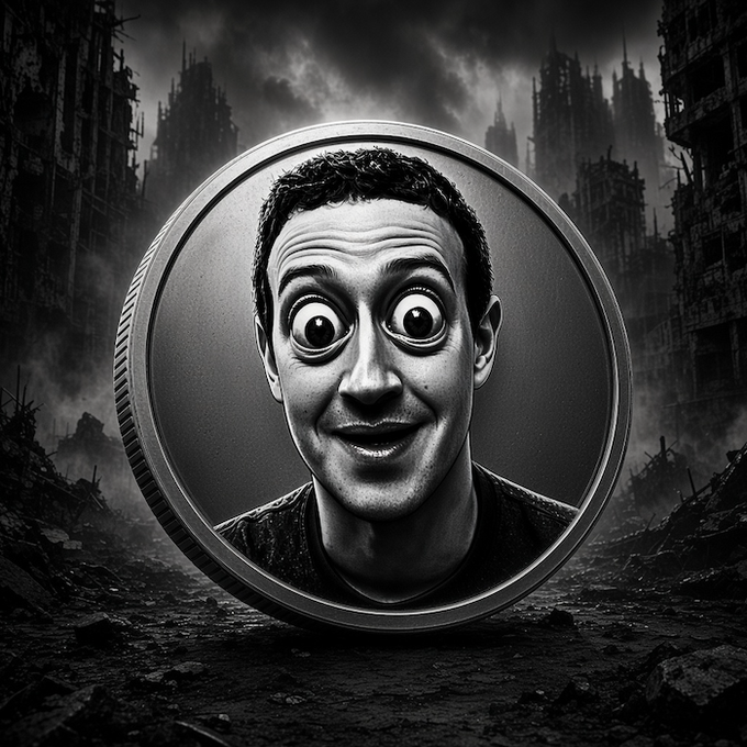 A black and white surreal image showing a wide-eyed, exaggeratedly expressive man framed within a large metallic coin, set against a dark, ruined cityscape backdrop.