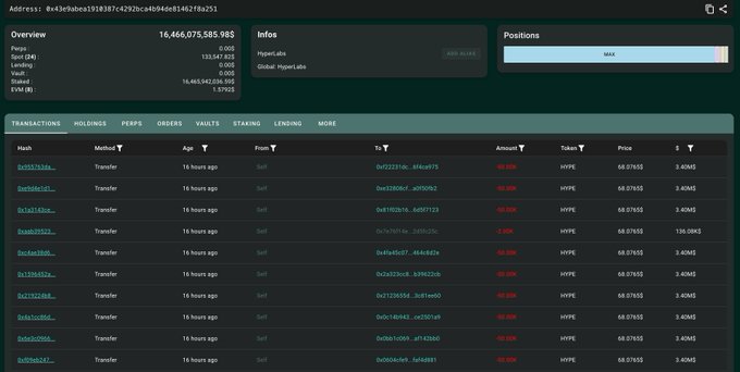 A cryptocurrency portfolio tracker interface shows an address (0x43r9aba3f98387e4292bca4b04ede81462f8a251) with a balance of approximately 16.46 trillion SHIB, including sections for transactions, holdings, and positions on HyperLabs/WAXPE.