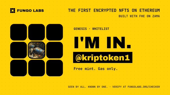 A yellow promotional graphic for Fungo Labs advertising 'THE FIRST ENCRYPTED NFTS ON ETHEREUM BUILT WITH FHE ON ZAMA', featuring a 3x3 grid with one encrypted NFT image and the text 'I'M IN. @kriptoken1' for a free mint with gas only.