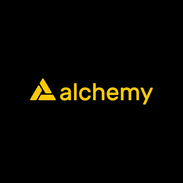 The image features a logo for a company named Alchemy. The logo consists of an upward-pointing triangle with a yellow "A" at its center, surrounded by a black background. Below the triangle, there's text that reads "@Alchemy". This text is accompanied by a link to the company's social media account, which can be found in the image. The post also mentions that the Alchemy AgentCard now has access to the @Visa network, allowing AI agents to make purchases, book travel and manage subscriptions for consumers.