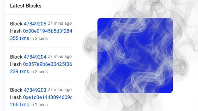 A cryptocurrency block explorer shows the latest Bitcoin blocks (47849205, 47849204, 47849203) with transaction counts and hashes, paired with a stylized blue smoke graphic. The image relates to the post by illustrating Bitcoin's continued on-chain activity during the recent market crash that coincided with Coinbase's Base network outage.