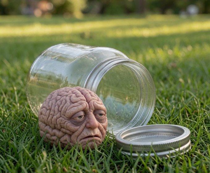 A wrinkled, anthropomorphic brain with a sad expression lies on grass next to a tipped-over empty glass jar.