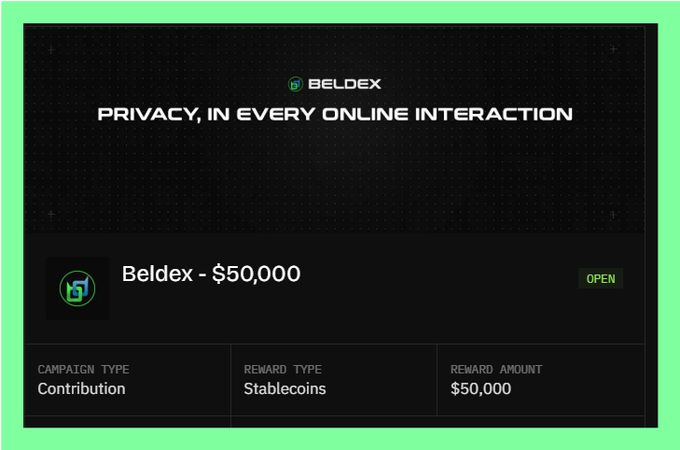 A dark-themed webpage banner for 'BELDEX' with the headline 'PRIVACY, IN EVERY ONLINE INTERACTION', featuring a Beldex campaign offering $50,000 in stablecoins as a contribution reward, with an 'OPEN' status button.