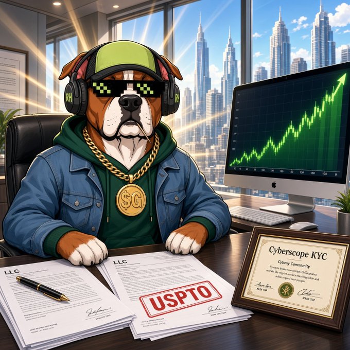 An AI-generated image of a bulldog wearing 'deal with it' sunglasses, a backwards cap, headphones, a gold 'SG' chain, and a denim jacket, sitting at a desk with LLC and USPTO paperwork and a 'Cyberscope KYC' certificate, with a stock chart showing an upward green trend on the monitor.