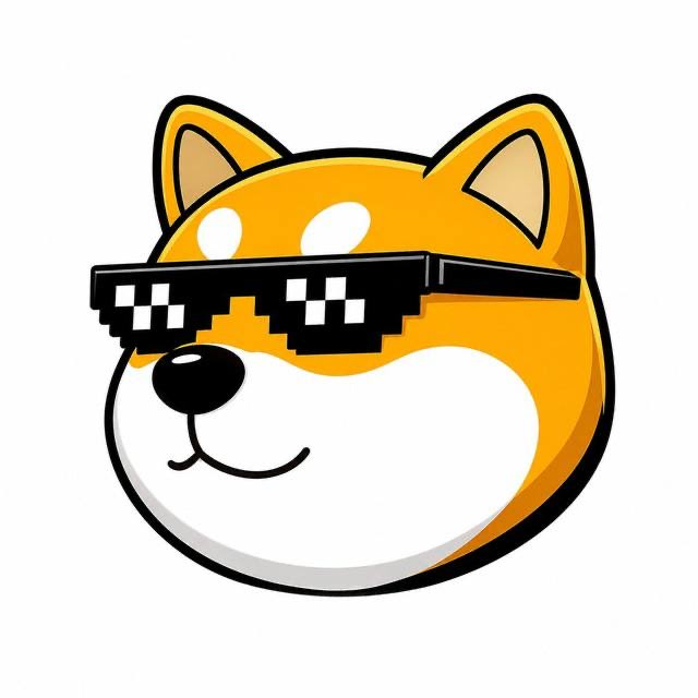 A cartoon illustration of an orange and white Shiba Inu dog wearing pixelated 'deal with it' sunglasses.
