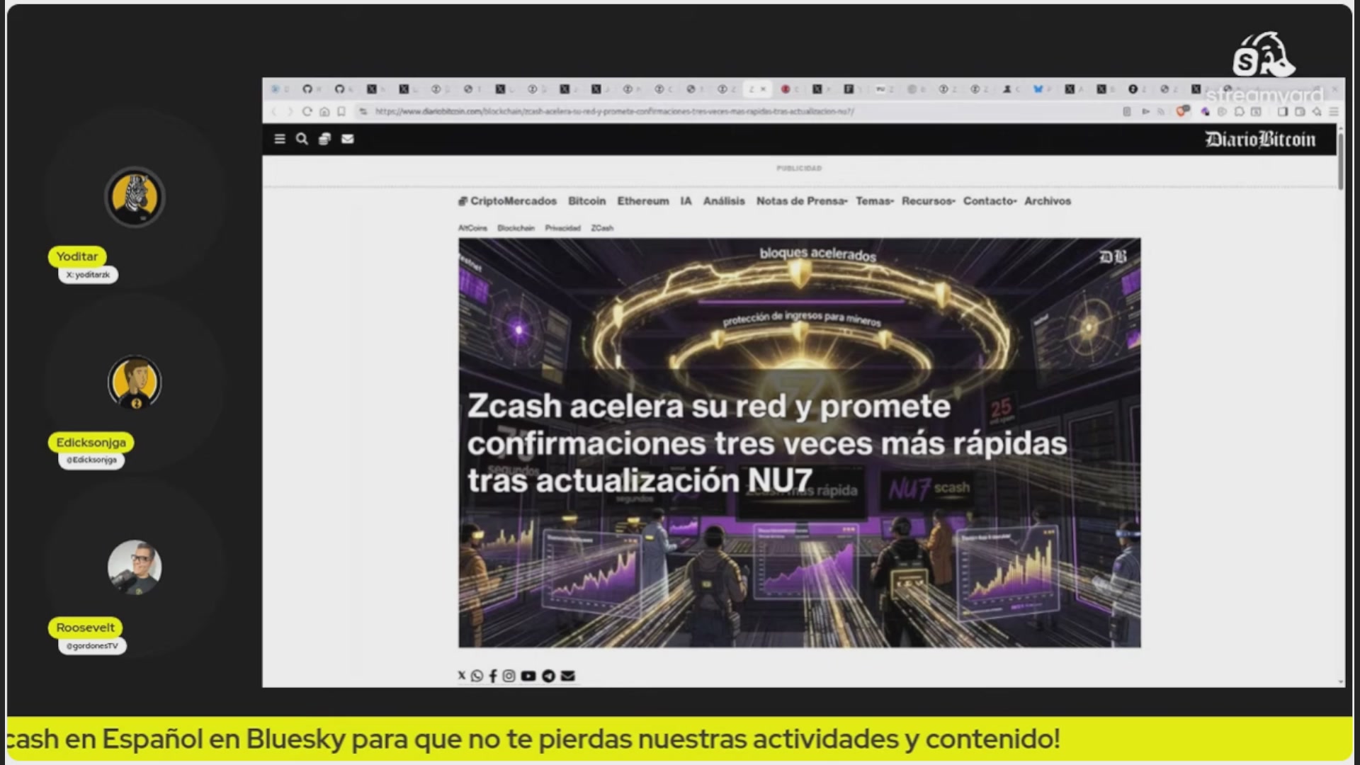 The image shows a computer screen displaying an article about ZCASH 360° from a news website, which has been translated into Spanish. The text of the article is displayed in both English and Spanish, providing information about the company's new product offering.